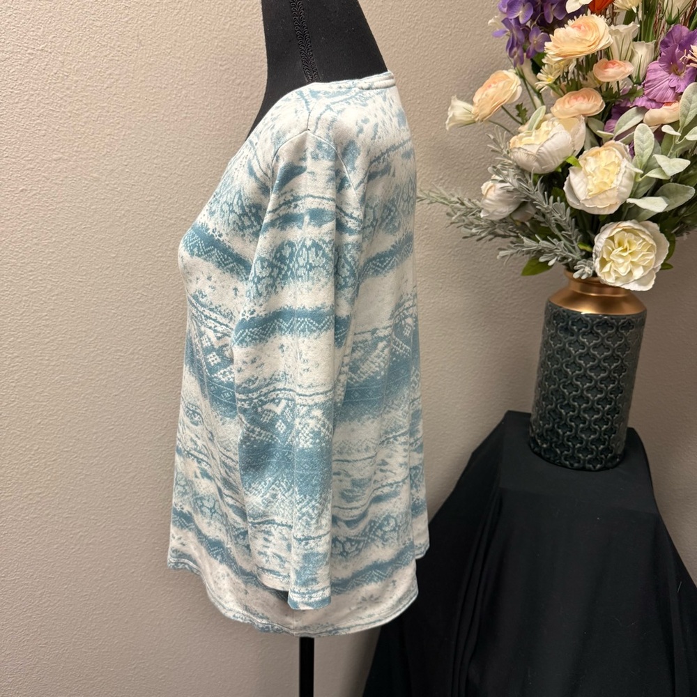 Allison Daley Blue White Aztec Print 3/4 Sleeve Soft Knit Top Women’s L - Picture 2 of 7